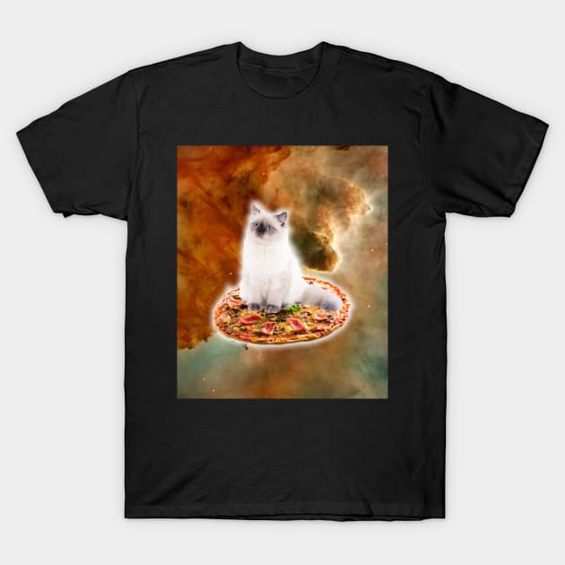 Galaxy Kitty Cat Riding Pizza In Space T-Shirt by Random Galaxy